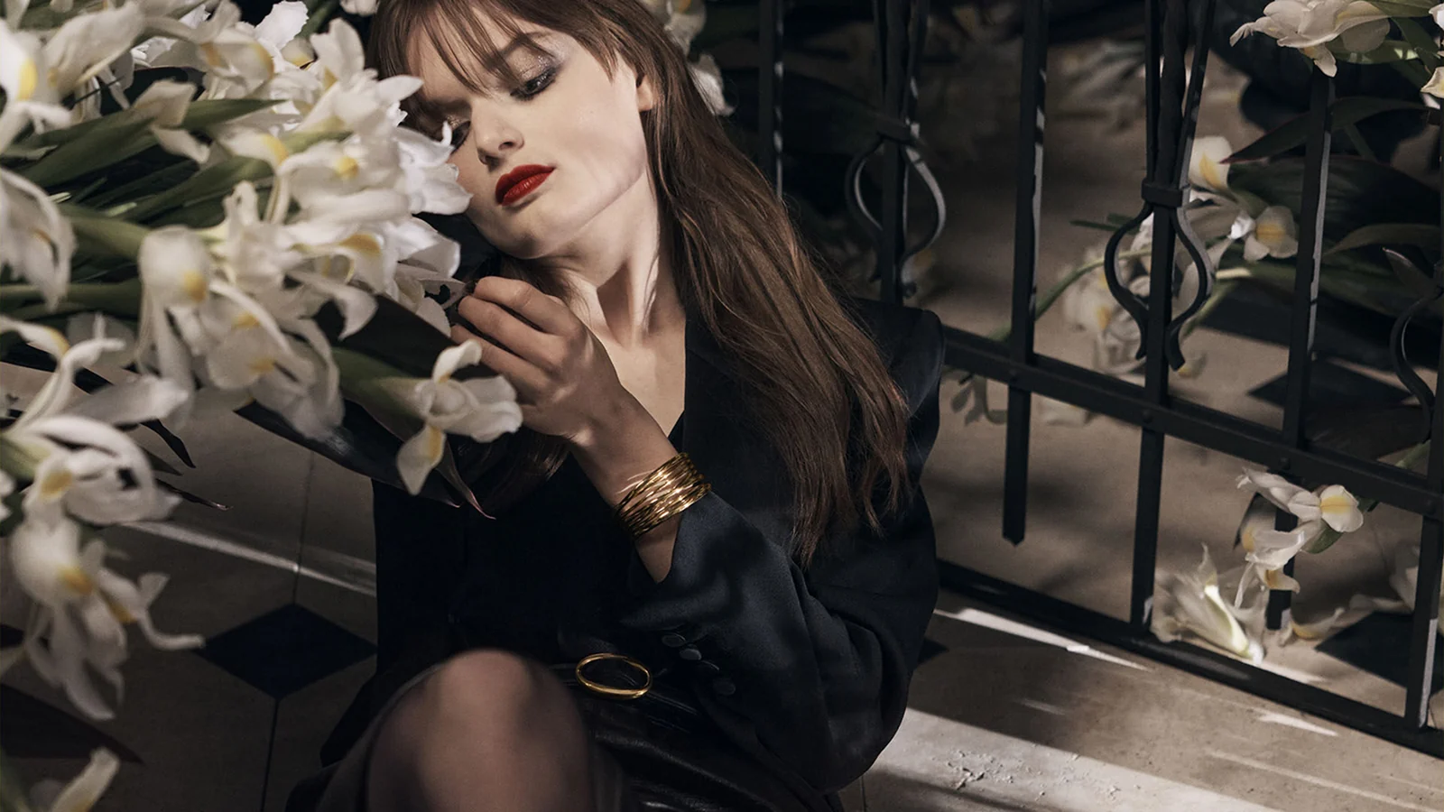 Spectre campaign portrait surrounded by white flowers